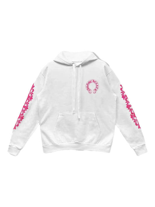 Chrome Hearts White Pink Floral Horseshoe Pullover Hoodie