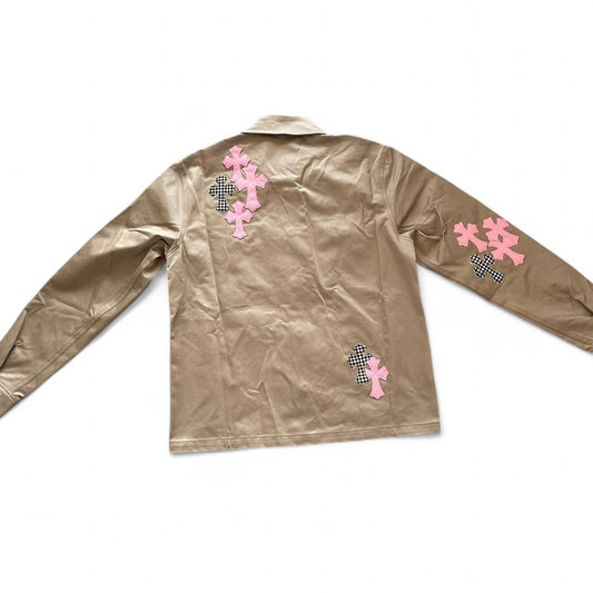 Chrome Hearts Pink Cross Leather Patch Khaki Work Dog Jacket