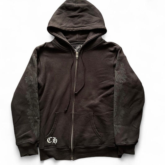 Chrome Hears Floral Scroll Logo Zip Up Thermal Hoodie Black