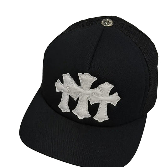 Chrome Hearts 3 Leather Cross Patch Trucker Cap Black