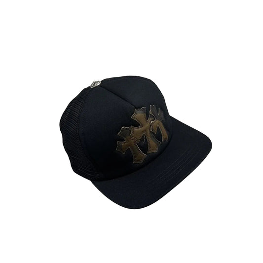 Chrome Hearts 3 Camo Leather Cross Patch Trucker Cap Black