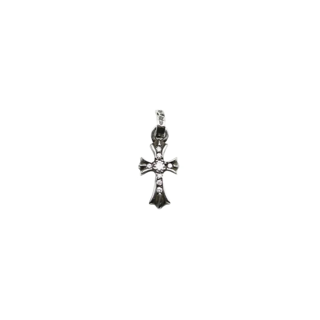 Chrome Hearts Silver Diamonds Babyfat Cross Charm Pendant