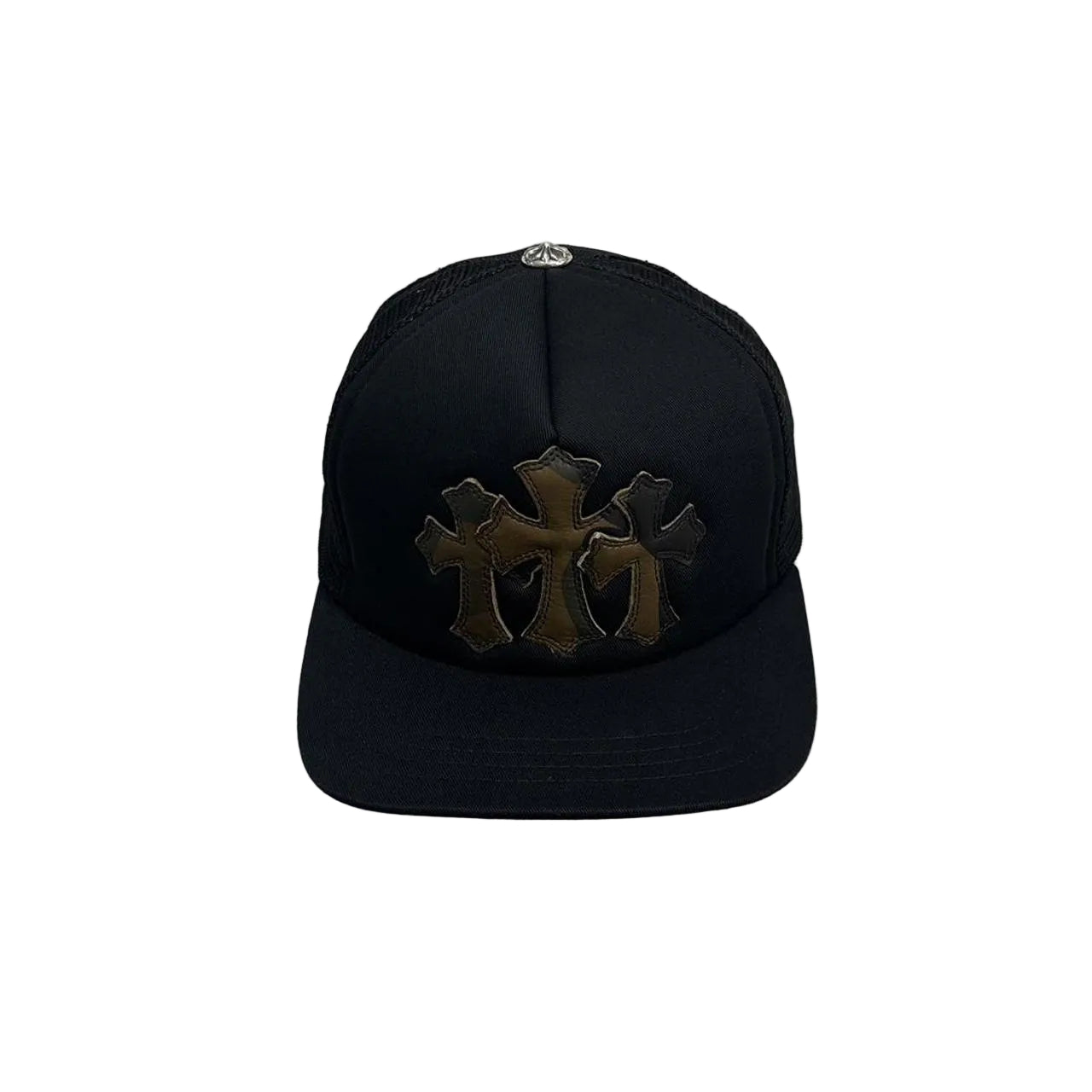 Chrome Hearts 3 Camo Leather Cross Patch Trucker Cap Black