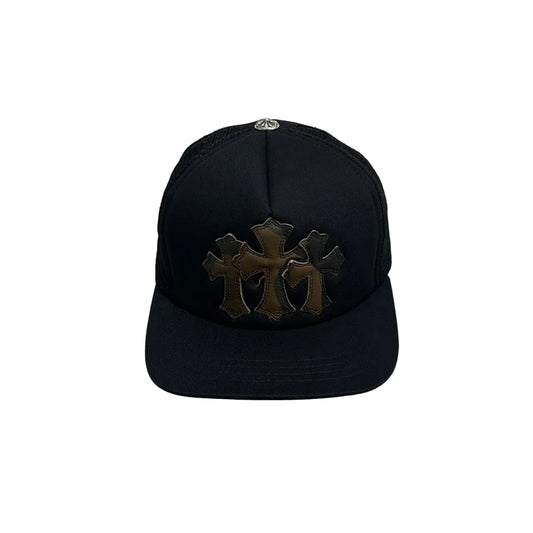Chrome Hearts 3 Camo Leather Cross Patch Trucker Cap Black