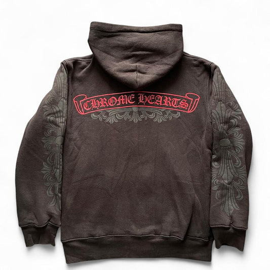Chrome Hears Floral Scroll Logo Zip Up Thermal Hoodie Black