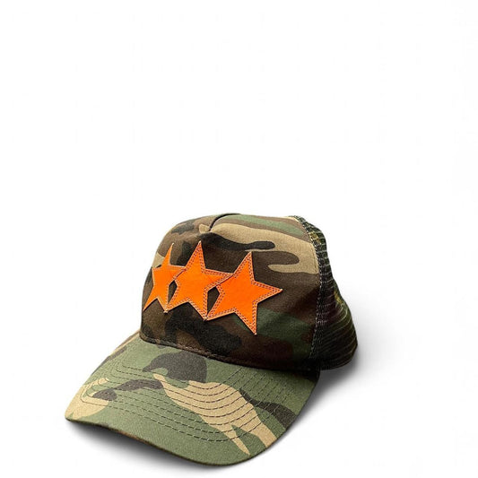 Chrome Hearts Triple Star Logo Leather Patch Camo Orange Trucker Cap
