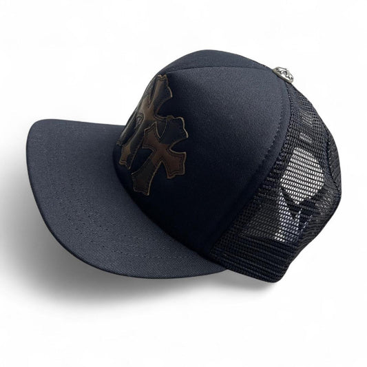 Chrome Hearts 3 Camo Leather Cross Patch Trucker Cap Black