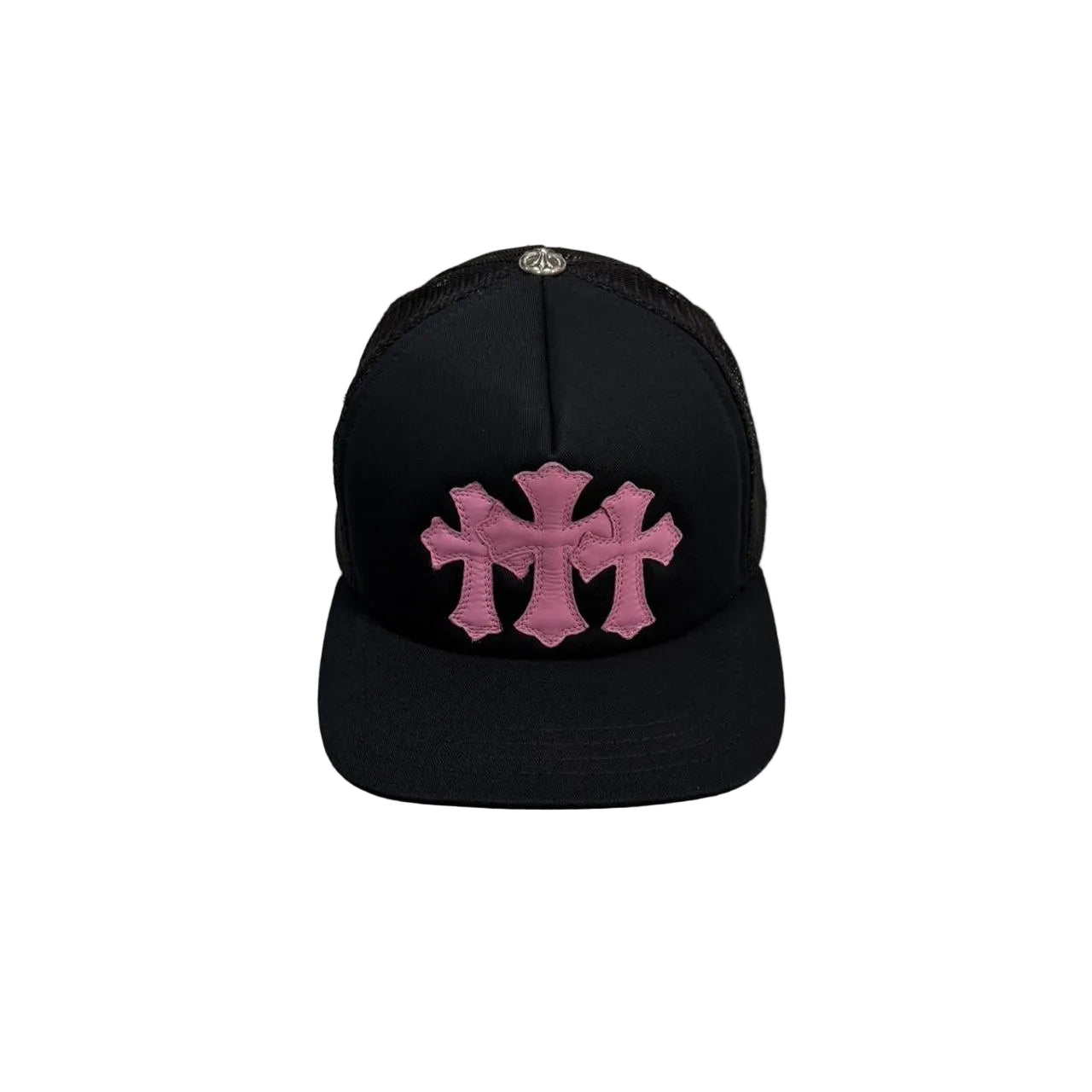 Chrome Hearts 3 Pink Leather Cross Patch Trucker Cap Black