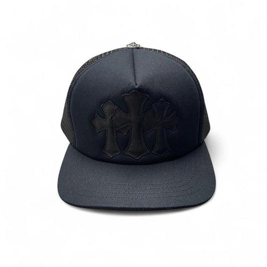 Chrome Hearts 3 Leather Cross Patch Trucker Cap Black