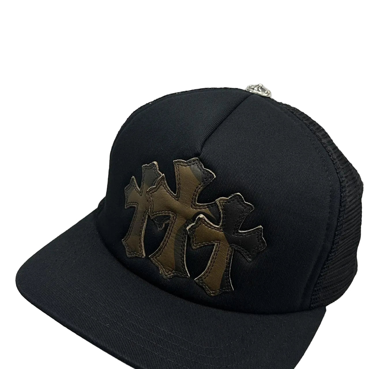 Chrome Hearts 3 Camo Leather Cross Patch Trucker Cap Black