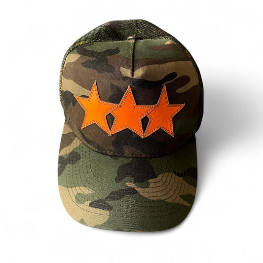 Chrome Hearts Triple Star Logo Leather Patch Camo Orange Trucker Cap