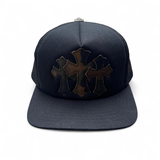 Chrome Hearts 3 Camo Leather Cross Patch Trucker Cap Black