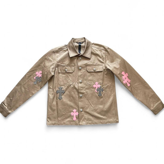 Chrome Hearts Pink Cross Leather Patch Khaki Work Dog Jacket