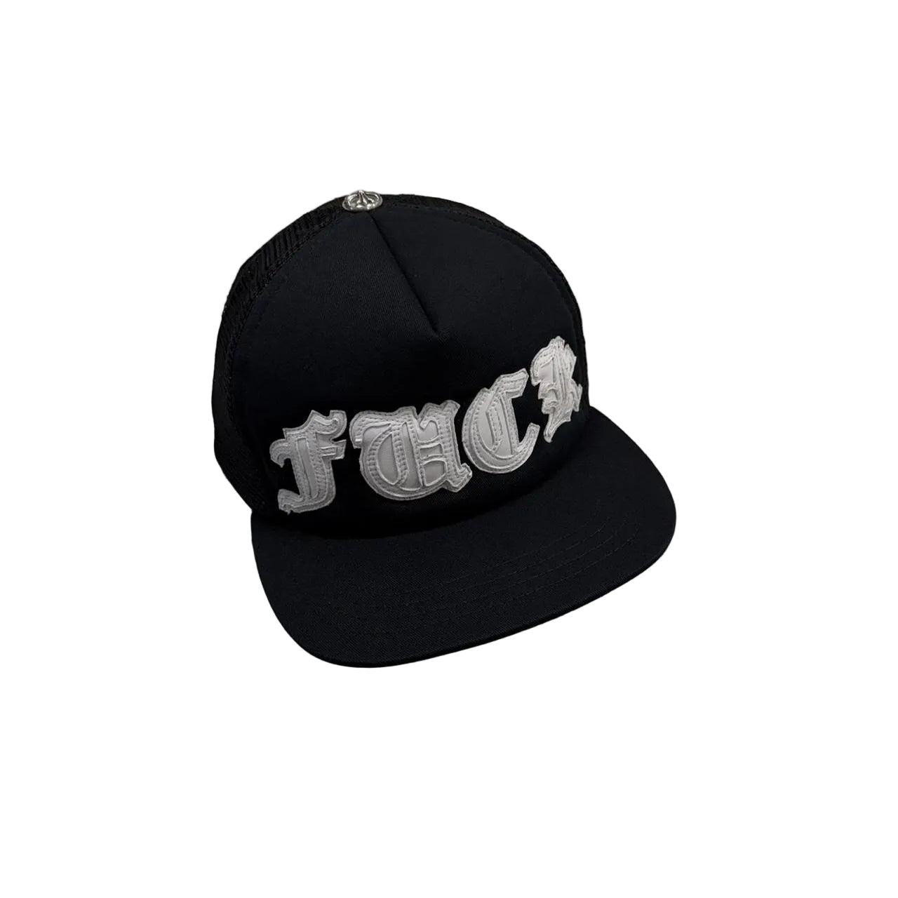Chrome Hearts White Leather FUCK Patch Trucker Cap Black