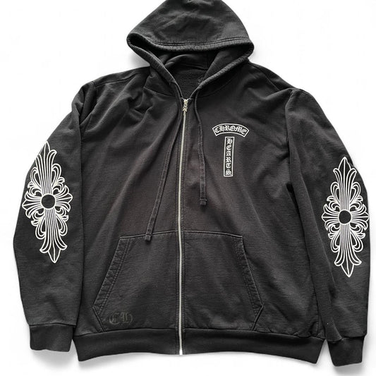 Chrome Hears Tbar Logo Floral Zip Up Hoodie Black