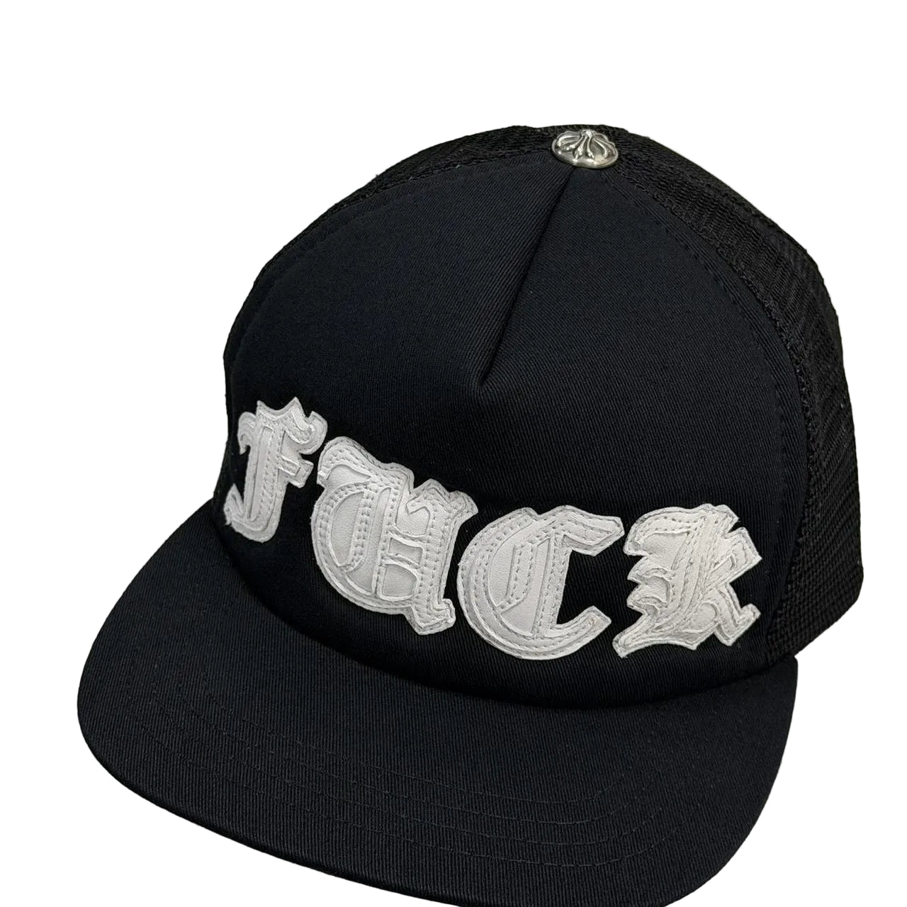 Chrome Hearts White Leather FUCK Patch Trucker Cap Black